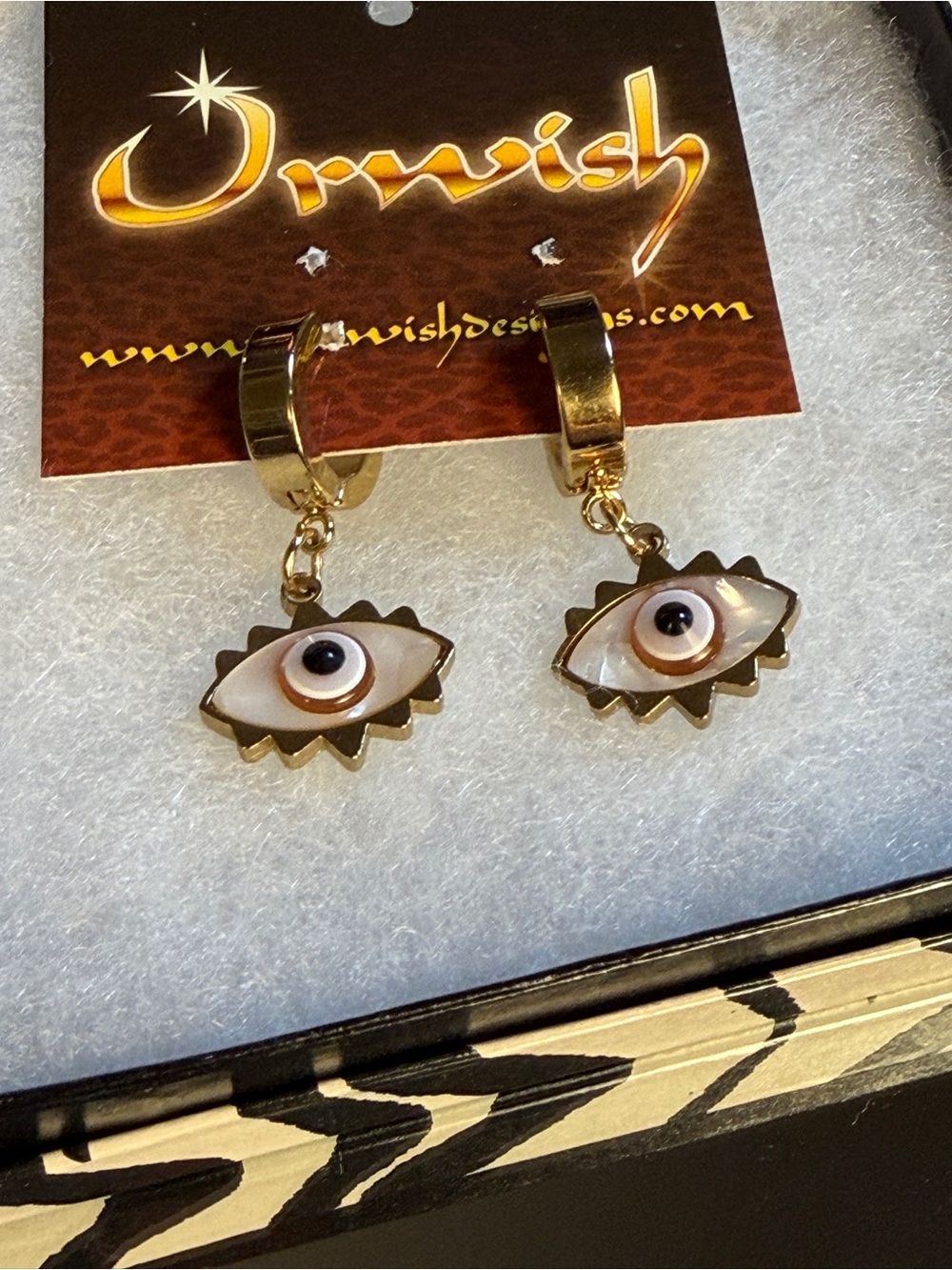 Gold Evil Eye Drop Hoop Earrings - White & Gold - Picture 3 of 4